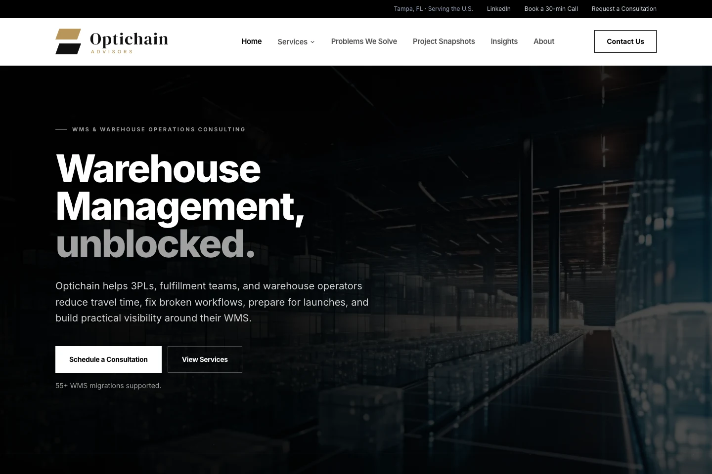 OptiChain Advisors homepage presenting warehouse management consulting services and operational experience