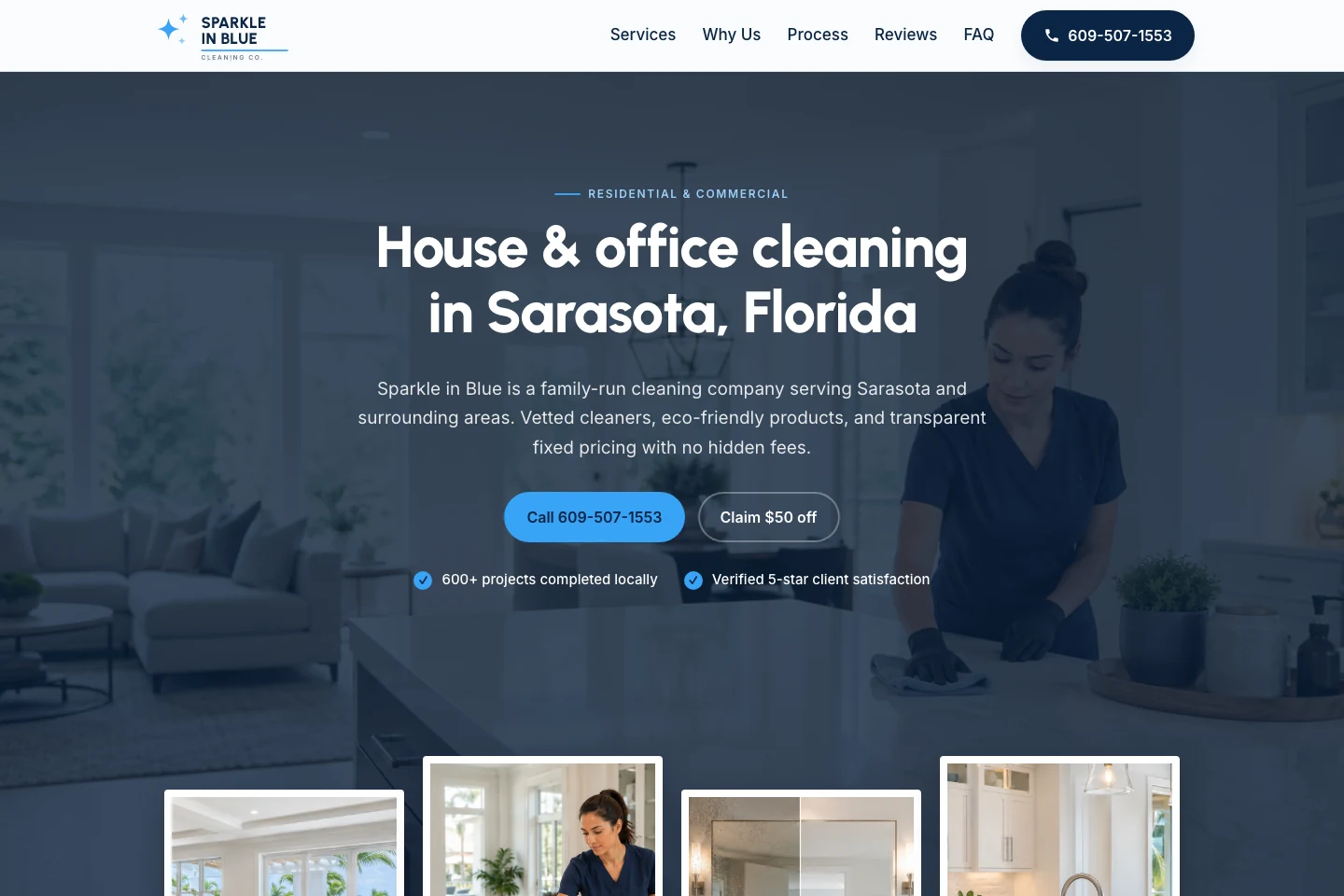 Sarasota cleaning company homepage with local service messaging and a first-clean offer